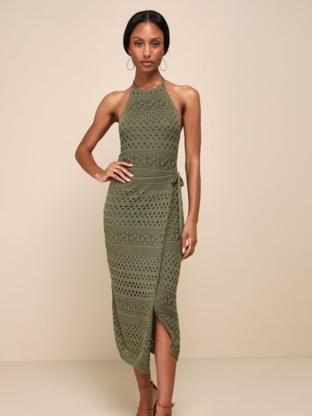 Lulus Blissful Strolls Olive Green Crochet Faux-wrap Halter Midi Dress - Size S